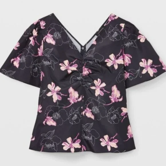 Club Monaco Floral Coquette Prairie Country Ruched Front Woven Top XS - Picture 2 of 12